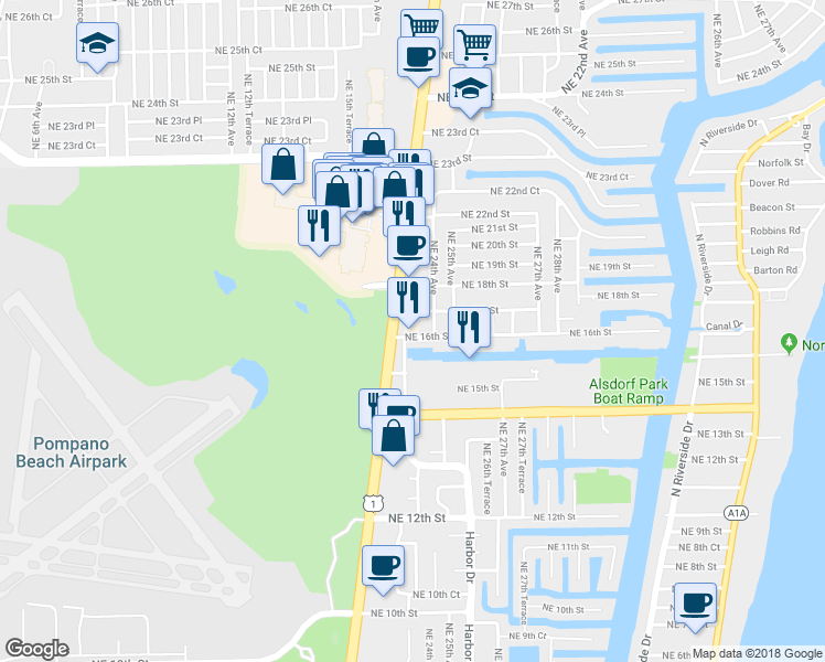 map of restaurants, bars, coffee shops, grocery stores, and more near 2301 Northeast 16th Street in Pompano Beach