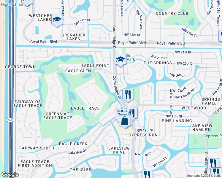 map of restaurants, bars, coffee shops, grocery stores, and more near 1808 Monte Carlo Way in Coral Springs