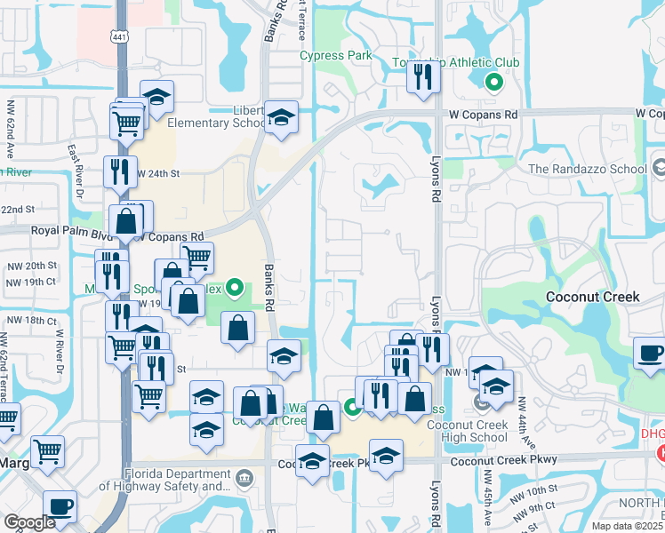 map of restaurants, bars, coffee shops, grocery stores, and more near 4849 Northwest 19th Street in Coconut Creek