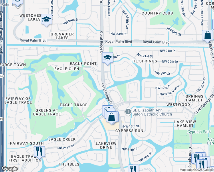 map of restaurants, bars, coffee shops, grocery stores, and more near 11654 Northwest 19th Drive in Coral Springs