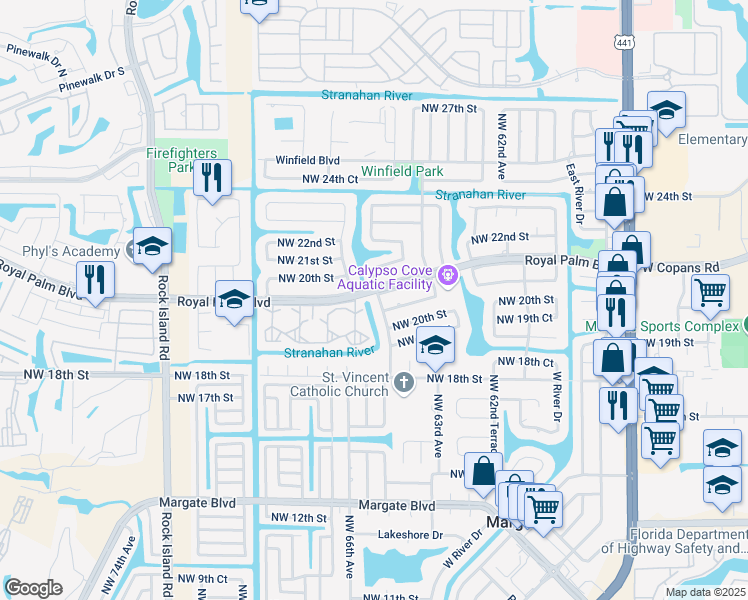 map of restaurants, bars, coffee shops, grocery stores, and more near 2095 Northwest 65th Avenue in Margate