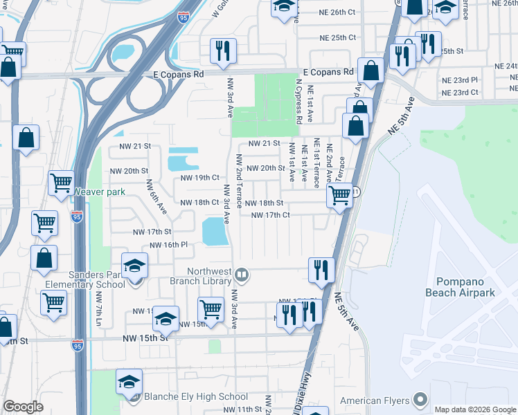 map of restaurants, bars, coffee shops, grocery stores, and more near 180 Northwest 18th Street in Pompano Beach