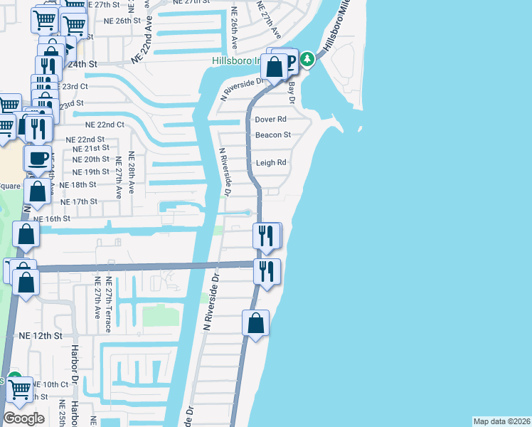 map of restaurants, bars, coffee shops, grocery stores, and more near 1701 Florida A1A in Pompano Beach