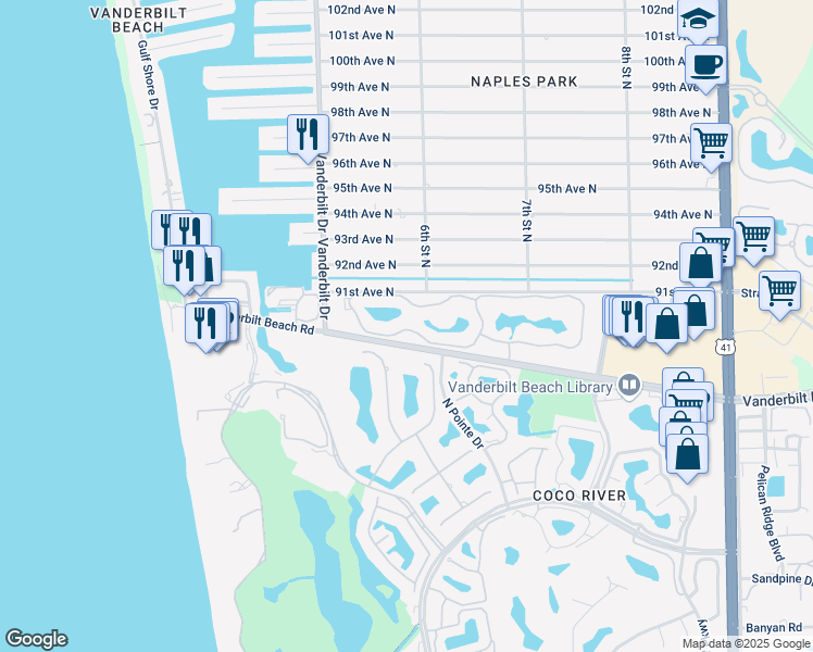 map of restaurants, bars, coffee shops, grocery stores, and more near 595 Beachwalk Circle in Naples