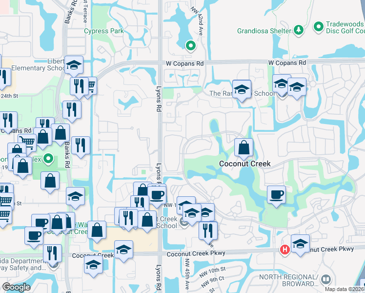 map of restaurants, bars, coffee shops, grocery stores, and more near 3002 Portofino Isle in Coconut Creek