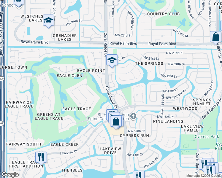 map of restaurants, bars, coffee shops, grocery stores, and more near 11654 Northwest 19th Drive in Coral Springs