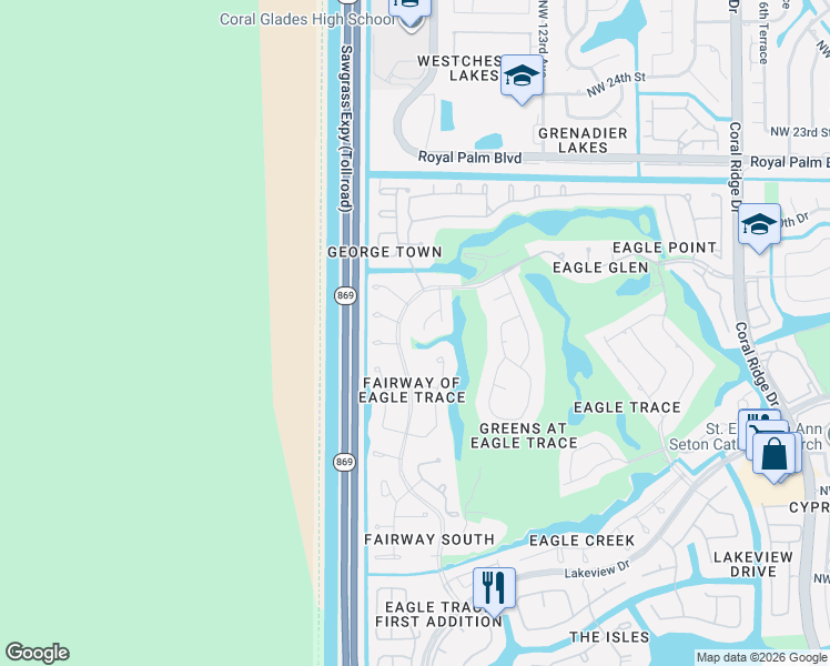 map of restaurants, bars, coffee shops, grocery stores, and more near 1801 Eagle Trace Boulevard West in Coral Springs