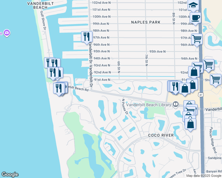 map of restaurants, bars, coffee shops, grocery stores, and more near 595 Beachwalk Circle in Naples