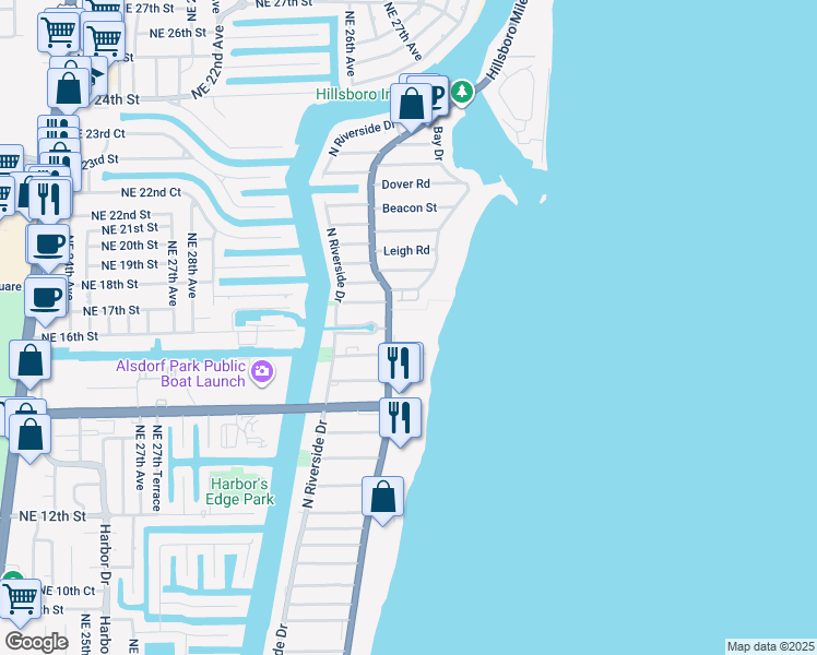 map of restaurants, bars, coffee shops, grocery stores, and more near 1620 North Ocean Boulevard in Pompano Beach