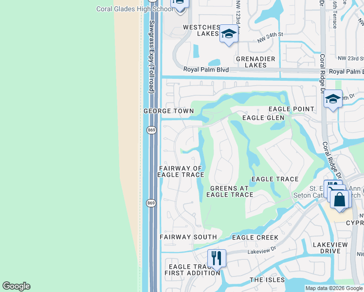 map of restaurants, bars, coffee shops, grocery stores, and more near 1801 Eagle Trace Boulevard West in Coral Springs