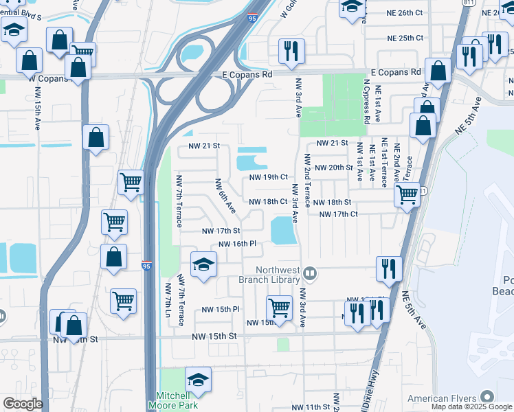 map of restaurants, bars, coffee shops, grocery stores, and more near 521 Northwest 18th Street in Pompano Beach