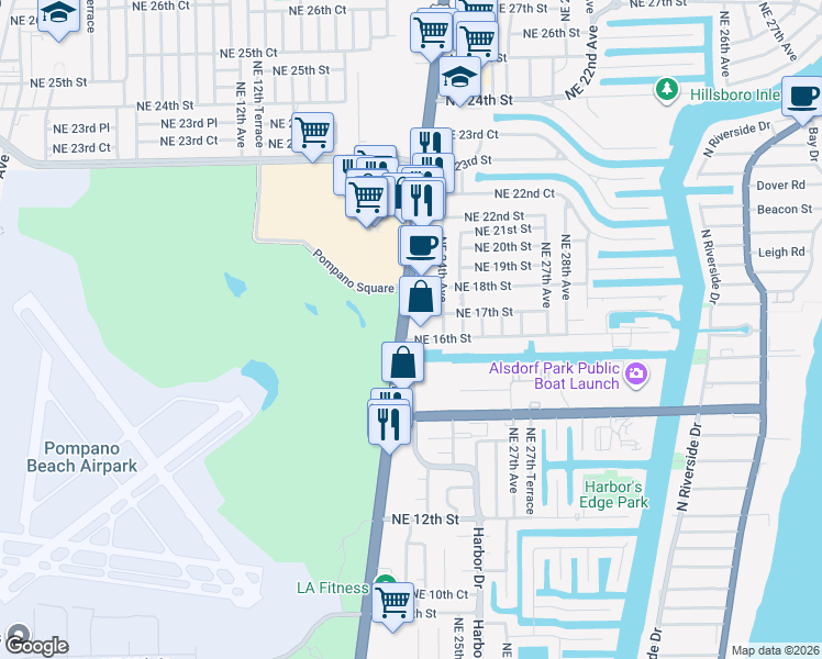 map of restaurants, bars, coffee shops, grocery stores, and more near 2301 Northeast 16th Street in Pompano Beach
