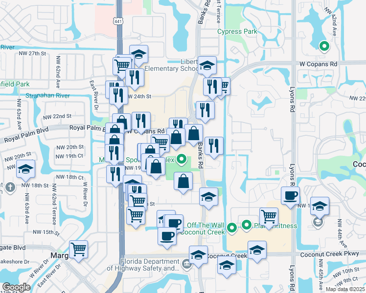map of restaurants, bars, coffee shops, grocery stores, and more near 1825 Banks Road in Margate
