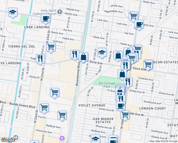 map of restaurants, bars, coffee shops, grocery stores, and more near 1605 Cardinal Avenue West in McAllen
