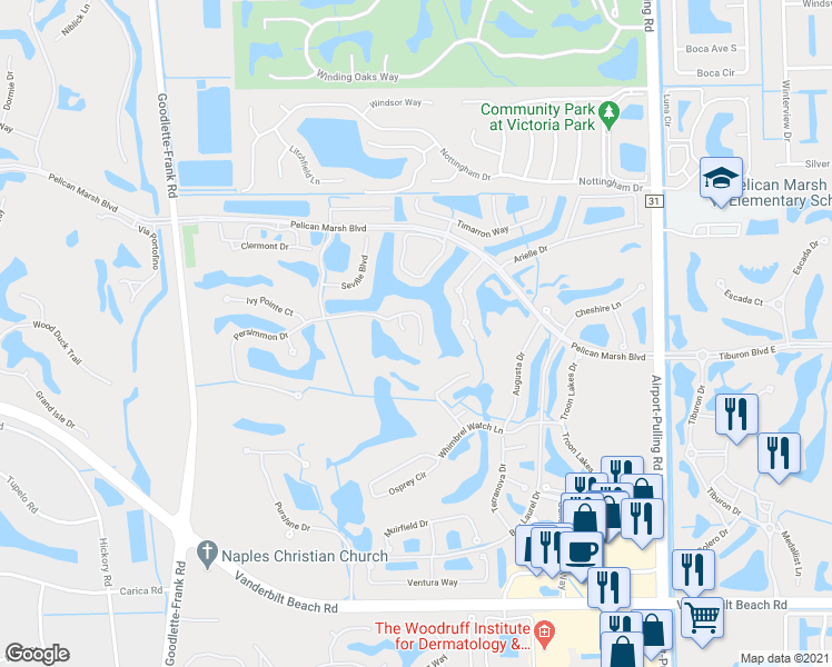 map of restaurants, bars, coffee shops, grocery stores, and more near 1870 Les Chateaux Boulevard in Naples