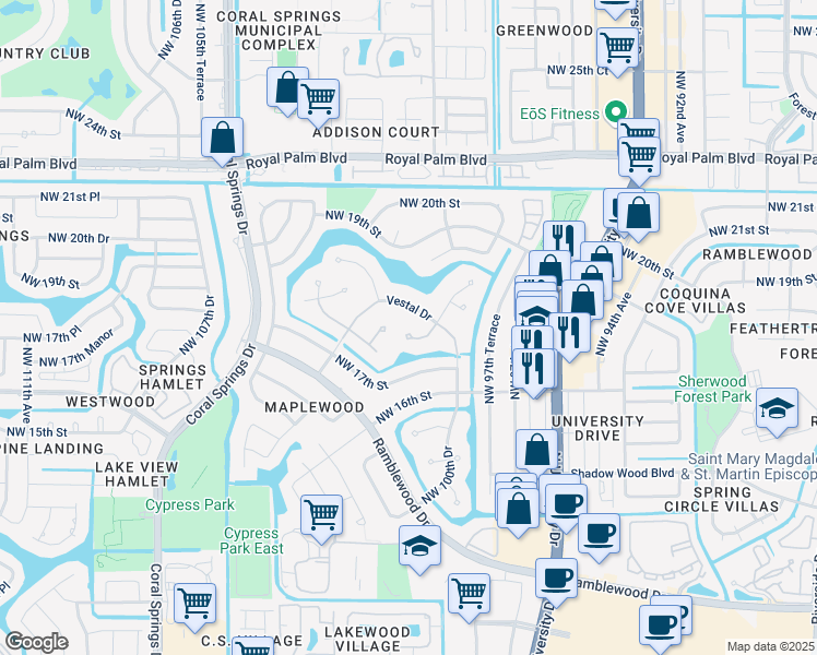 map of restaurants, bars, coffee shops, grocery stores, and more near 10069 Vestal Place in Coral Springs