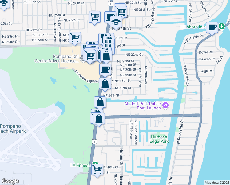 map of restaurants, bars, coffee shops, grocery stores, and more near 2451 Northeast 16th Street in Pompano Beach