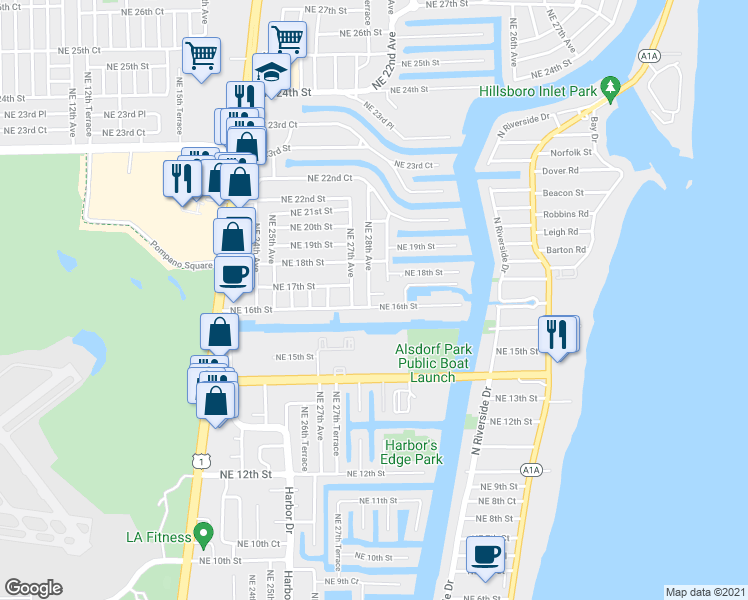 map of restaurants, bars, coffee shops, grocery stores, and more near 1600 Northeast 28th Avenue in Pompano Beach