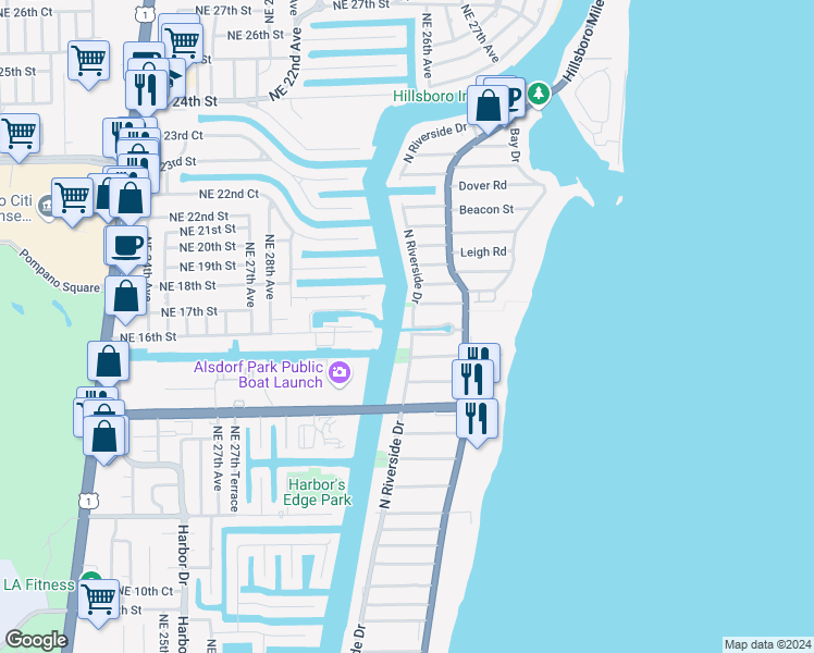 map of restaurants, bars, coffee shops, grocery stores, and more near 1609 North Riverside Drive in Pompano Beach