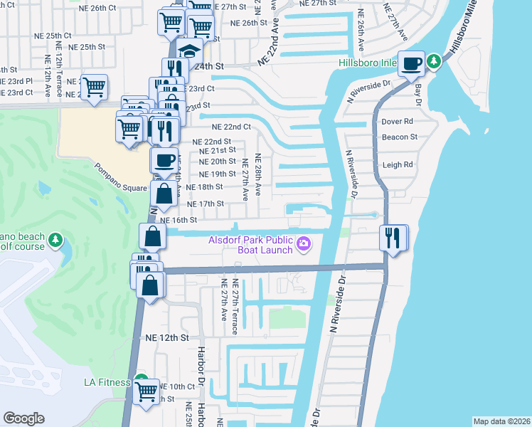 map of restaurants, bars, coffee shops, grocery stores, and more near 1600 Northeast 28th Avenue in Pompano Beach