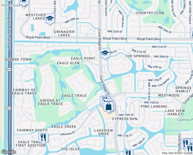 map of restaurants, bars, coffee shops, grocery stores, and more near 1808 Monte Carlo Way in Coral Springs