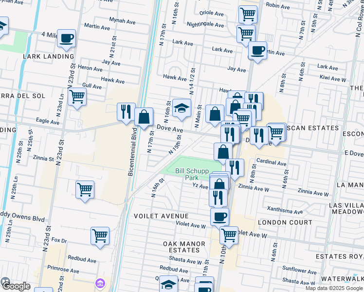 map of restaurants, bars, coffee shops, grocery stores, and more near 1312 Bluebird Avenue in McAllen