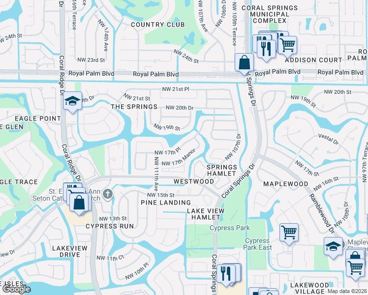 map of restaurants, bars, coffee shops, grocery stores, and more near 10875 Northwest 17th Manor in Coral Springs