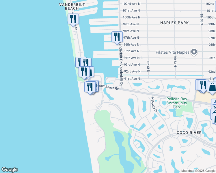 map of restaurants, bars, coffee shops, grocery stores, and more near 385 Vanderbilt Beach Road in Naples