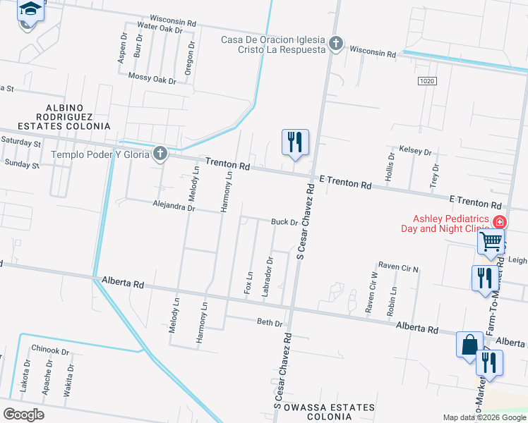 map of restaurants, bars, coffee shops, grocery stores, and more near 4109 Buck Drive in Edinburg