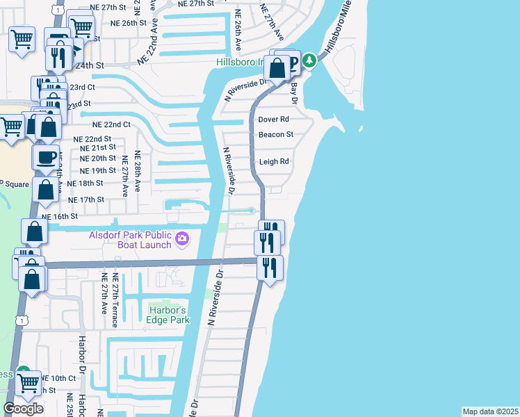 map of restaurants, bars, coffee shops, grocery stores, and more near 1701 Florida A1A in Pompano Beach