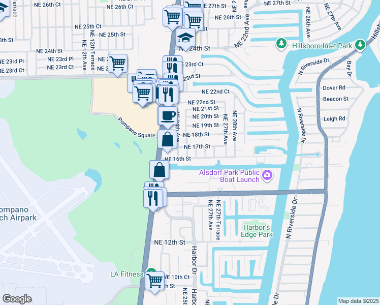 map of restaurants, bars, coffee shops, grocery stores, and more near 2451 Northeast 16th Street in Pompano Beach