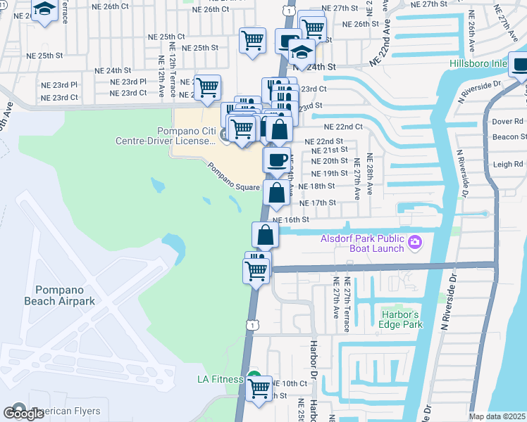 map of restaurants, bars, coffee shops, grocery stores, and more near 1631 North Federal Highway in Pompano Beach