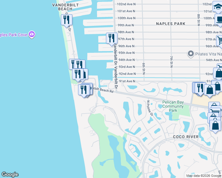 map of restaurants, bars, coffee shops, grocery stores, and more near 497 Vanderbilt Beach Road in Naples