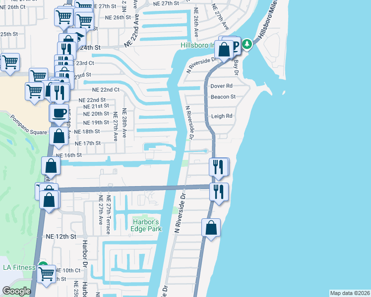map of restaurants, bars, coffee shops, grocery stores, and more near 1609 North Riverside Drive in Pompano Beach