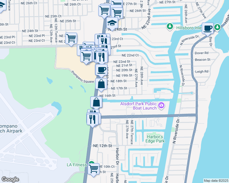 map of restaurants, bars, coffee shops, grocery stores, and more near 2451 Northeast 16th Street in Pompano Beach