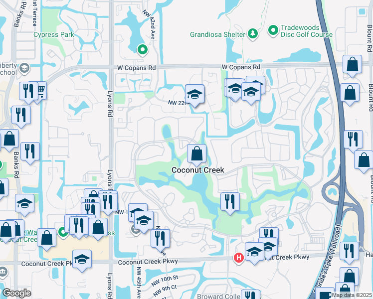 map of restaurants, bars, coffee shops, grocery stores, and more near 3201 Portofino Point in Coconut Creek