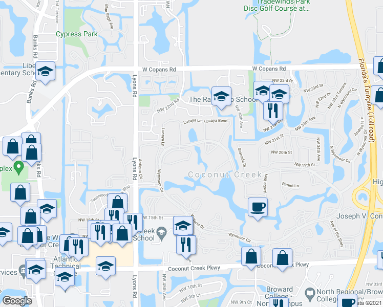 map of restaurants, bars, coffee shops, grocery stores, and more near 3005 Portofino Isle in Coconut Creek
