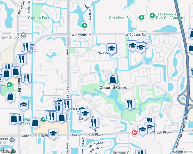 map of restaurants, bars, coffee shops, grocery stores, and more near 3005 Portofino Isle in Coconut Creek