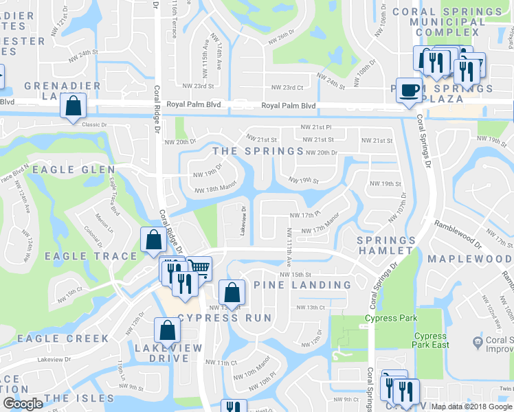 map of restaurants, bars, coffee shops, grocery stores, and more near 11193 Northwest 17th Place in Coral Springs