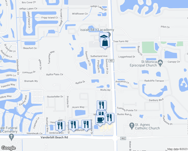 map of restaurants, bars, coffee shops, grocery stores, and more near 15095 Summit Place Circle in Naples