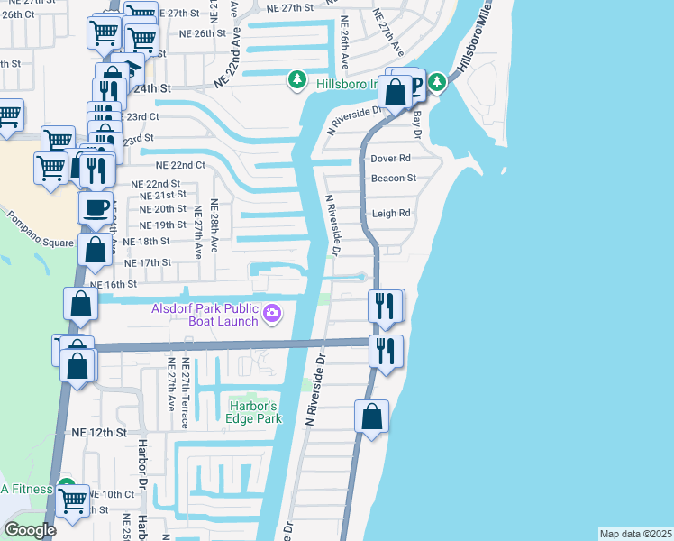 map of restaurants, bars, coffee shops, grocery stores, and more near 3210 Canal Drive in Pompano Beach