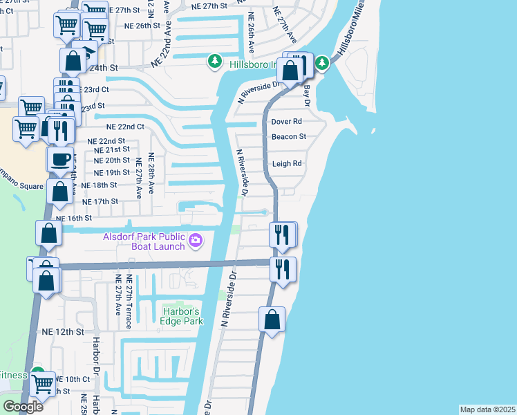 map of restaurants, bars, coffee shops, grocery stores, and more near 3210 Canal Drive in Pompano Beach