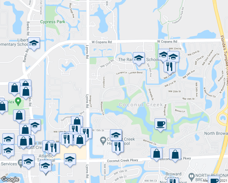 map of restaurants, bars, coffee shops, grocery stores, and more near 3000 Portofino Isle in Coconut Creek