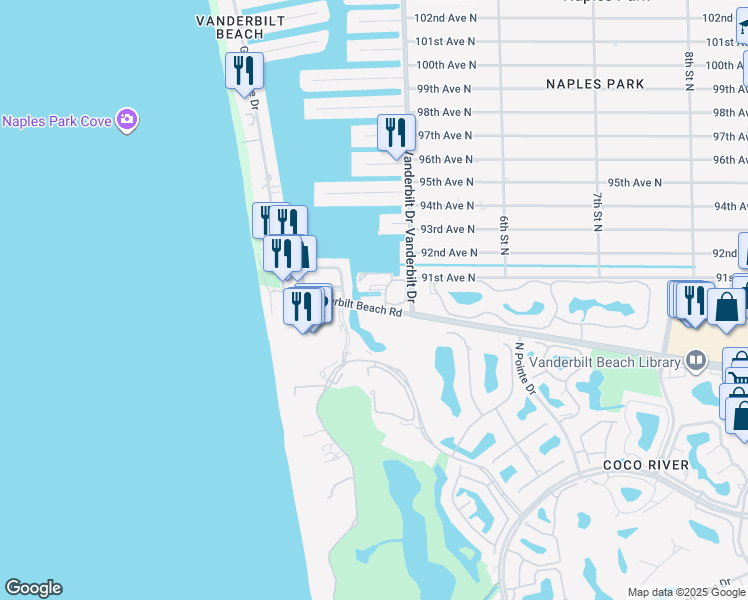 map of restaurants, bars, coffee shops, grocery stores, and more near 385 Vanderbilt Beach Road in Naples
