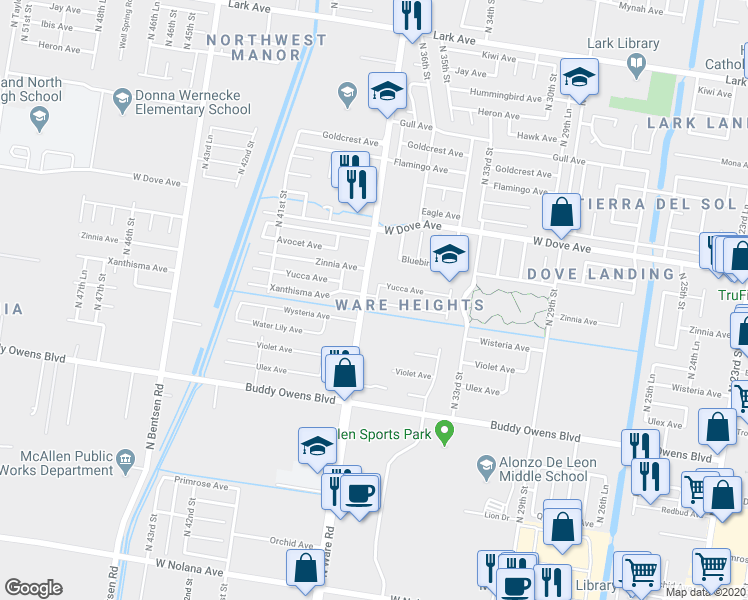 map of restaurants, bars, coffee shops, grocery stores, and more near 4941 North 36th Lane in McAllen