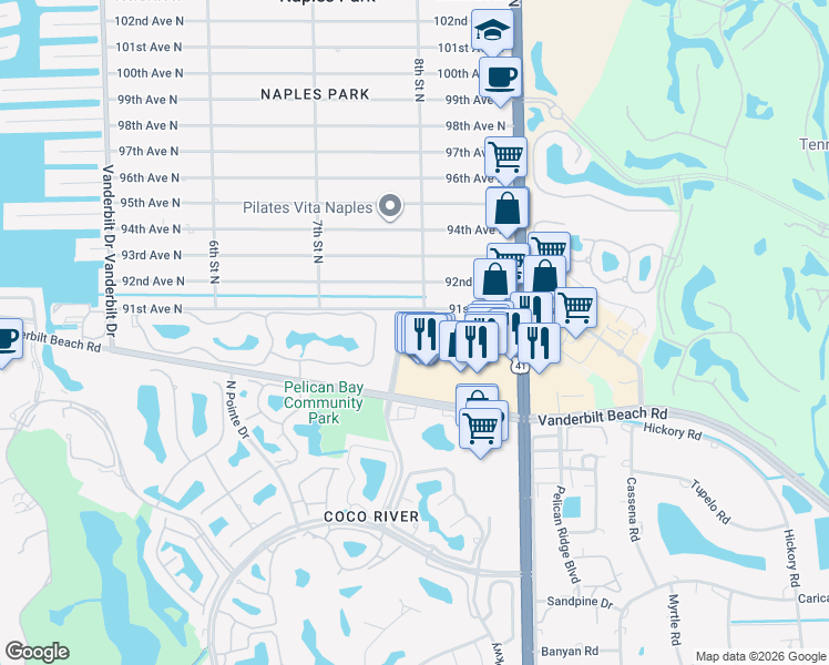 map of restaurants, bars, coffee shops, grocery stores, and more near 815 Gulf Pavillion Drive in Naples