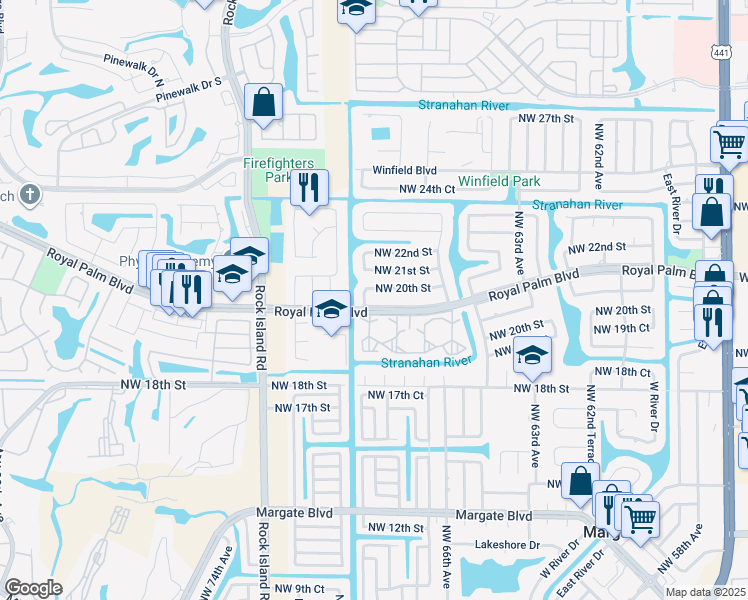 map of restaurants, bars, coffee shops, grocery stores, and more near 6751 Royal Palm Boulevard in Margate