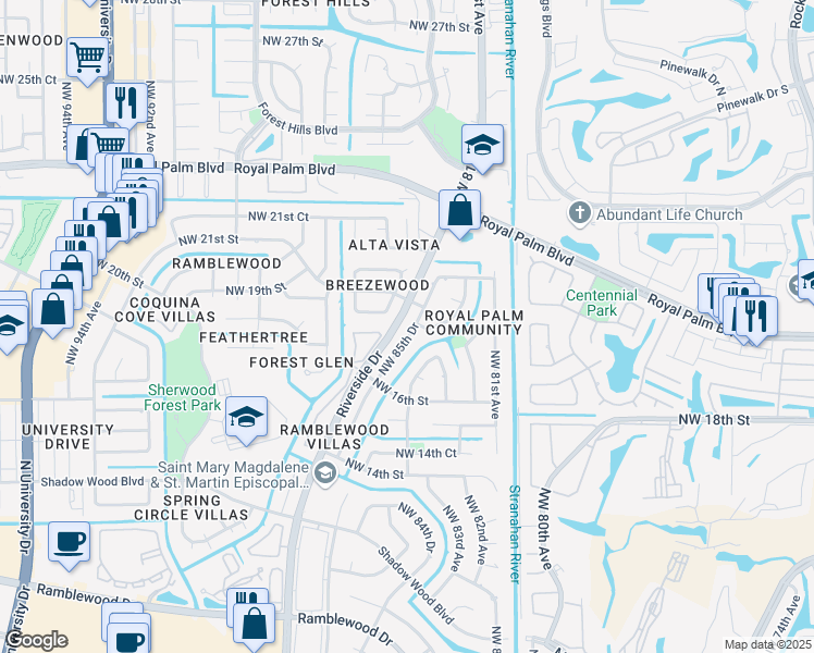 map of restaurants, bars, coffee shops, grocery stores, and more near 1838 Northwest 85th Drive in Coral Springs