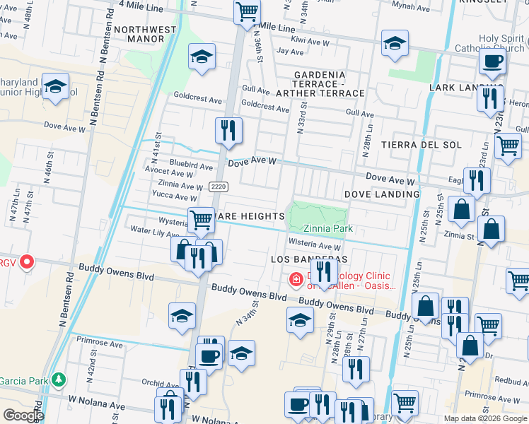 map of restaurants, bars, coffee shops, grocery stores, and more near 5000 North 34th Street in McAllen