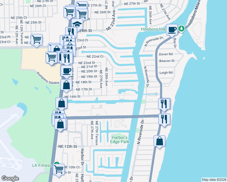 map of restaurants, bars, coffee shops, grocery stores, and more near 2850 Northeast 16th Street in Pompano Beach